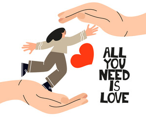 Concept of support and kindness in community. Help and compassion in life. All you need is Love. Absolute love, charity, kindness symbol concept.Vector illustration. 