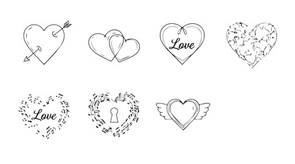 Collection of hand drawn sketch hearts with floral accents and romantic motifs silhouette
