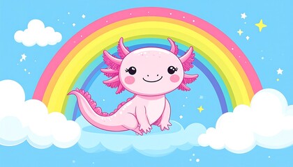 Cute axolotl on a cloud with a rainbow