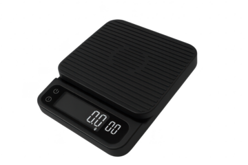 Black digital kitchen scale isolated on transparent background, modern design.