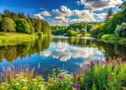 Serene forest lake on a warm sunny summer day with lush greenery and vibrant wildflowers surrounding the calm water's edge - Powered by Adobe