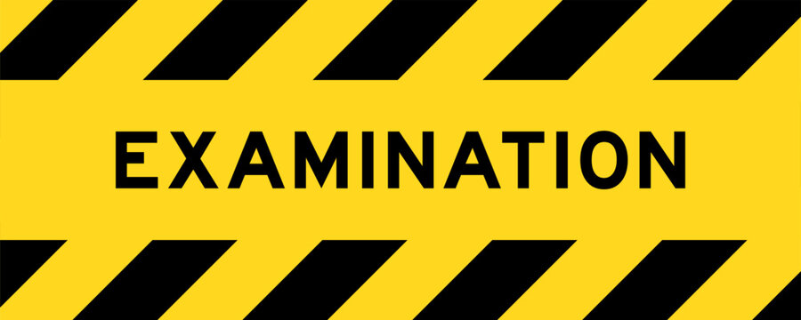 Yellow and black color with line striped label banner with word examination