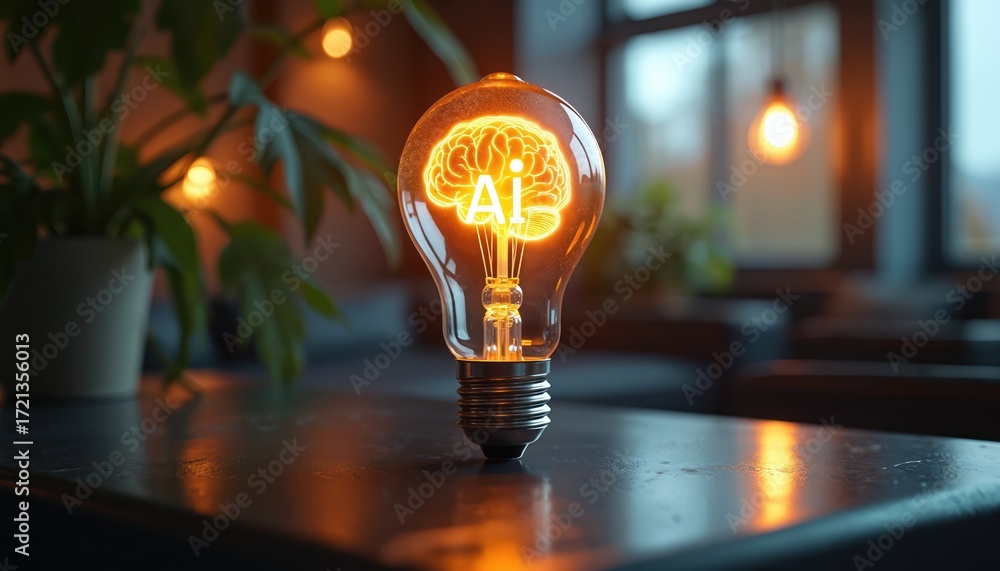 Poster Ai Innovation Light Bulb Brain Concept Image. Bright glowing lightbulb with brain inside. Symbol of artificial intelligence future tech, innovation, ideas, creativity, solution to problems.