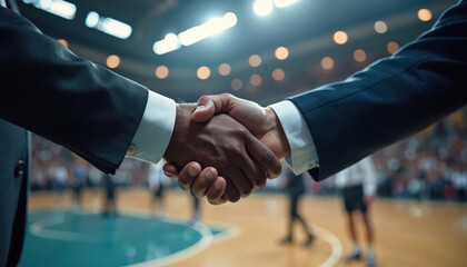Two businessmen shake hands on basketball court collaboration, success in sports business ventures. Handshake represents partnership, deal, teamwork agreement, fostering trust, commitment in pro