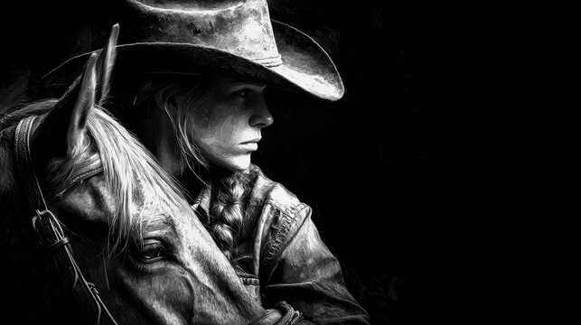 Woman in cowboy hat gazes thoughtfully beside her horse