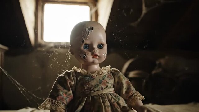 A creepy, antique doll sits in a dusty attic, covered in cobwebs.