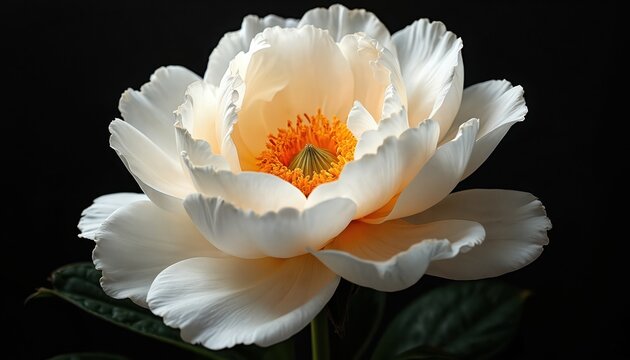 White flower with orange gold accents on black background. Petals texture, macro close-up. Bloom blossom, floral art design, elegant botanical illustration, with soft light, shadows, contrast.