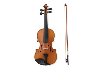 Fototapeta premium Wooden violin with bow isolated on transparent background, classic instrument