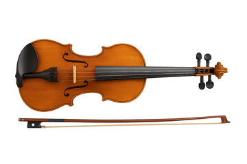 Violin and bow isolated on transparent background, musical instrument cut out