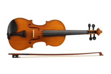 Violin and bow isolated on transparent background, musical instrument cut out
