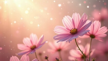 Soft pink cosmos blooms with bokeh lights create dreamy, romantic atmosphere. Delicate petals unfurl, exuding warmth, gentle beauty. Floral scene evokes spring arrival, perfect for decorative