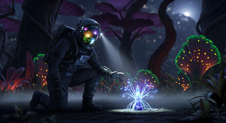 Fototapeta premium Astronaut's Discovery: A lone astronaut explores an alien environment with glowing flora, illuminated by a soft beam of light. The scene captures wonder and the spirit of discovery.