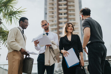 Fototapeta premium Four business professionals discuss work-related documents while standing outdoors near a modern building.