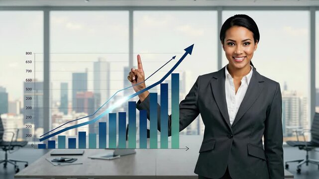 Confident businesswoman pointing at an animated financial growth chart. Graph showing increased profit and sales. Corporate success and business performance concept. - Powered by Adobe
