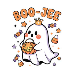 Charming halloween ghost with a crown holding a jackolantern isolated on white background, perfect for spooky season decorations and designs