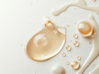 Close-up view of small droplets of liquid forming patterns on a smooth surface with a light background
