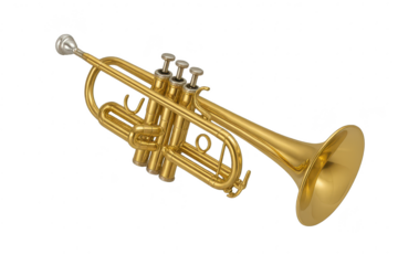 Shiny golden trumpet isolated on transparent background, musical instrument.