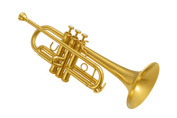 Fototapeta premium Shiny golden trumpet isolated on transparent background, musical instrument