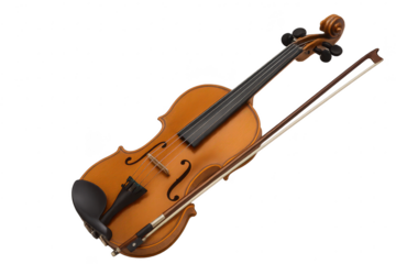 Classic violin with bow isolated on transparent background, musical instrument