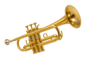 Obraz premium Shiny golden trumpet isolated on a transparent backdrop for easy integration