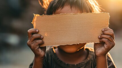 Child holding a cardboard sign at sunset in an urban environment