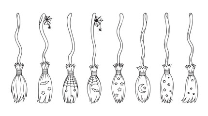 Collection of hand drawn sketch broomsticks magical flying tools for halloween and fantasy themes silhouette