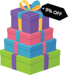 Stacked gift boxes with a nine percent off tag