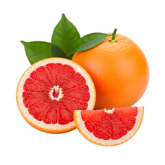 Vibrant grapefruit, whole and sliced, showcasing juicy pink flesh and fresh green leaves on a clean white background.