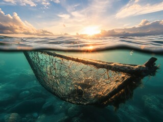 Sunlight filters through water as a fishing net rests on the ocean floor during sunset