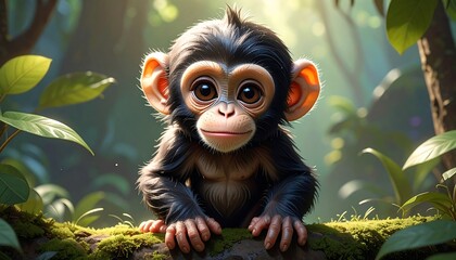Cute baby chimp in jungle
