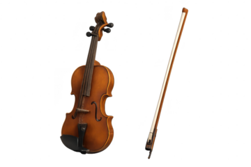 Classic wooden violin with bow isolated on transparent background