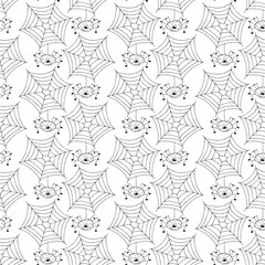 Spiders on webs. Hand drawn vector seamless pattern on transparent background.
