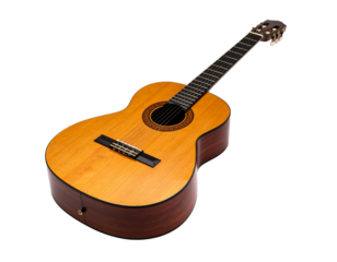 A brown wooden acoustic guitar rests alone on a white background