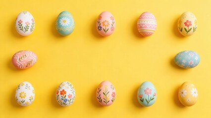 Colorful painted eggs in a vibrant yellow background form a festive, springtime arrangement.
