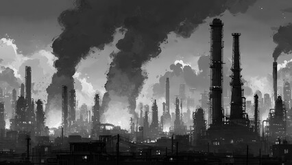 Grayscale Industrial Cityscape with Factories Emitting Heavy Smoke