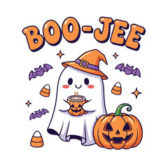 Boojee ghost with witch hat holding pumpkin coffee, isolated on white background halloween character with candy corn and bats
