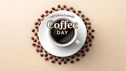 International coffee day celebration with white cup beans and saucer on beige background 
