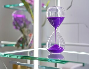 Fototapeta premium Elegant glass hourglass with flowing purple sand high resolution photo