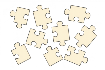 Blank puzzle pieces scattered, isolated on transparent background, concept art.