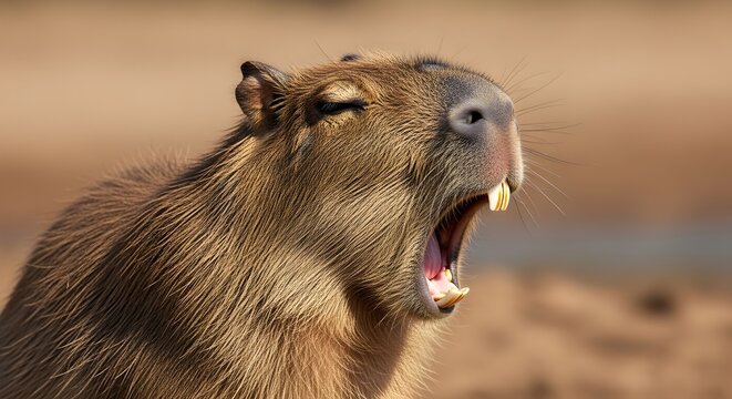 Close up of a capybara yawning showing its teeth and pink mouth in natural sunlight
