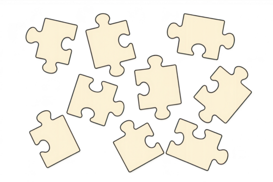 Blank puzzle pieces scattered, isolated on transparent background, concept art.