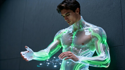 A futuristic man with a translucent bionic body and glowing green circuits interacts with a digital network. A concept of human enhancement and future technology.