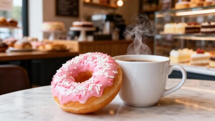 A pink glazed donut and steaming coffee cup sit on a marble table in a cafe, with a blurred background of pastries.