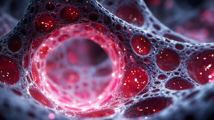 Abstract Microscopic Biological Network with Glowing Red Energy Particles and Intricate Cellular Structures