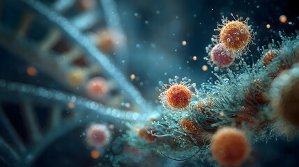 Microscopic representation of virus particles or cells with spiky surface in a biological environment