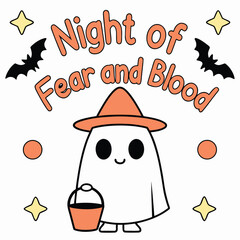 A cute halloween ghost with a witch hat and bucket, surrounded by bats and stars, isolated on white background