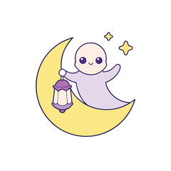 Cute cartoon baby on the moon holding a lantern isolated on white background adorable little character celebrating ramadan or eid alfitr