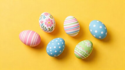 Obraz premium Colorful decorated eggs arranged on a bright yellow background, showcasing pastel patterns and vibrant colors.