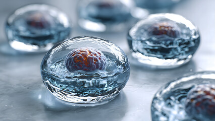 Glowing Biological Cell in Clear Fluid Environment Representing Science