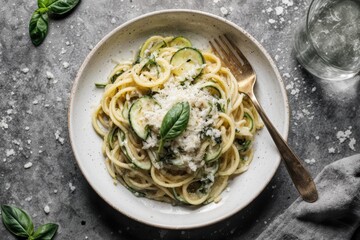 Pasta spaghetti with zucchini, basil, cream and cheese on black stone table. Vegetarian vegetable pasta. Noodles with zucchini. Top view copy space.